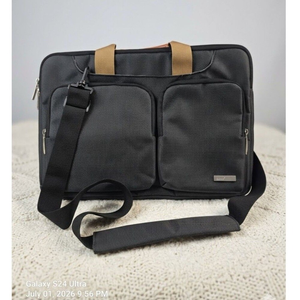 Lacdo padded nylon 14 in laptop shoulder/messenger bag, black/gray/brown